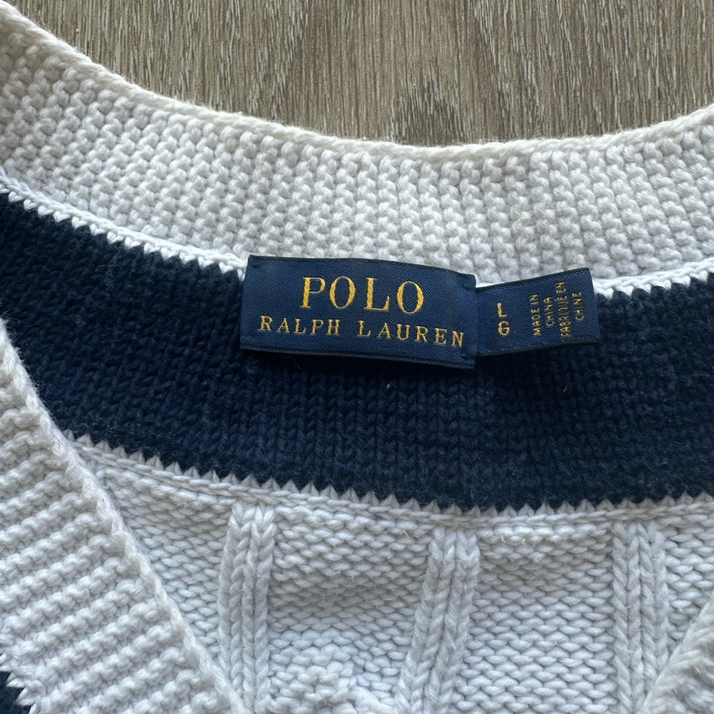Polo Ralph Lauren 100% Cotton Cable Knit Tennis Sweater White Navy Trim Preppy - Picture 4 of 5